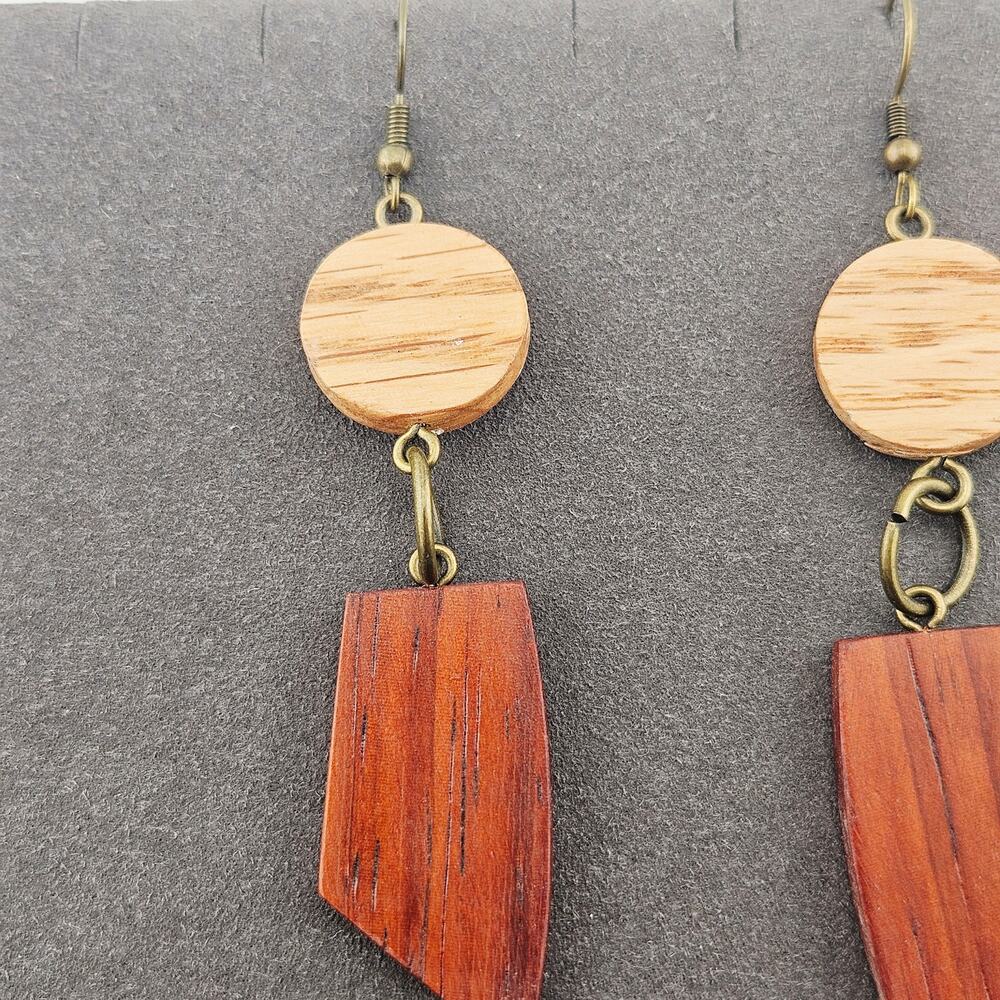 Two Tone Wood Bead Earrings Chunky Dangle Drop Bohemian Artsy Hippie Western - Picture 2 of 4